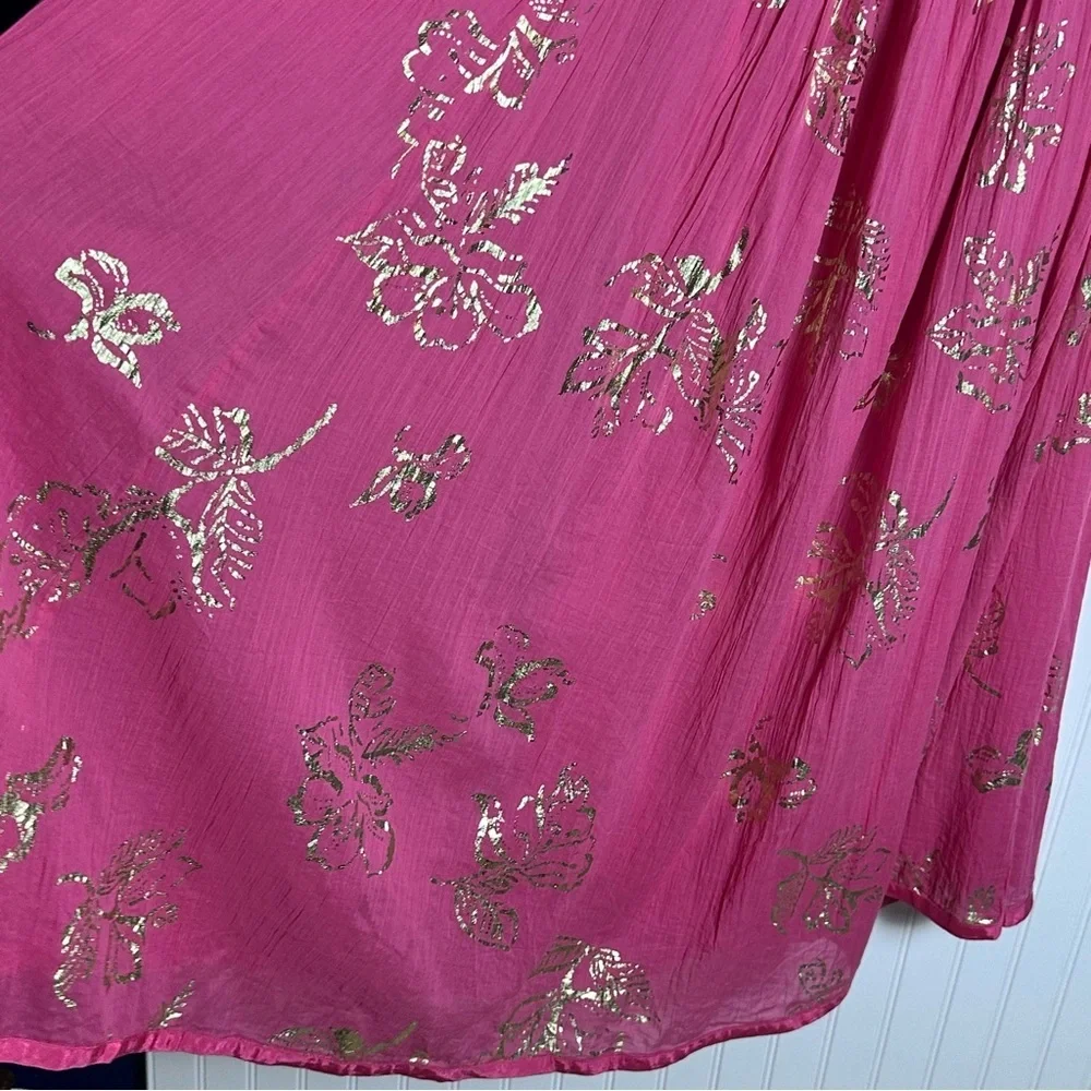 Free People Baja Babe Midi Dress Hot Pink Combo Metallic Gold XL Floral Cotton - Picture 8 of 14